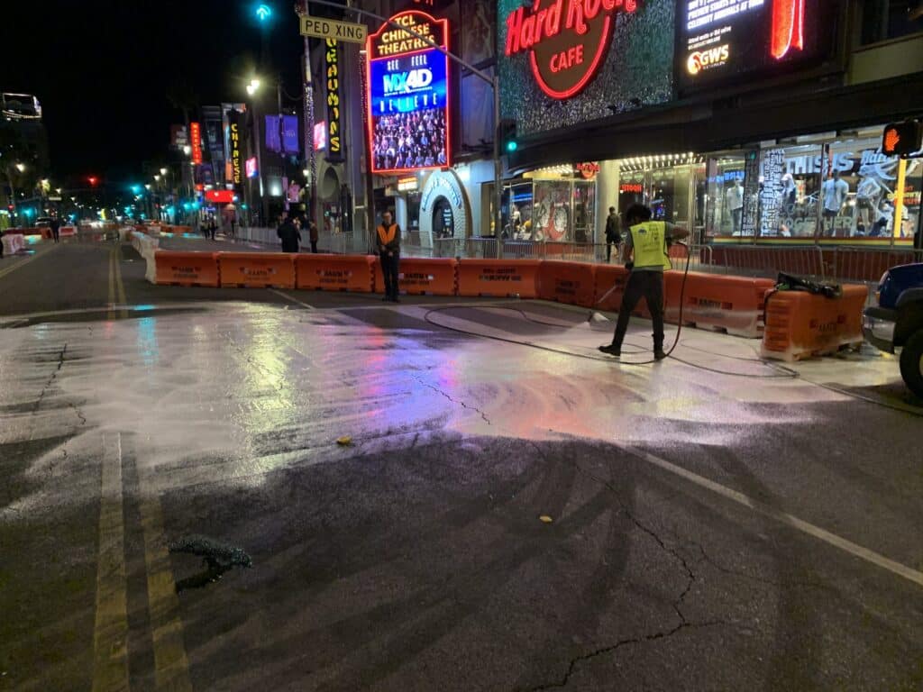 Our staff provides power washing services on the street and highways in front of Hard Rock Cafe Hollywood.